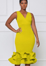 Women Summer Yellow Sexy V-neck Sleeveless Solid Ruffles Layered Midi Dress