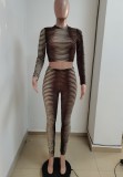Women Spring Brown Casual O-Neck Long Sleeve Crop Top Striped Print Two Piece Pants Set