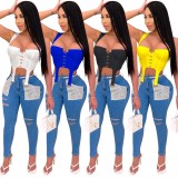 Women Summer Blue Solid Lace Up Crop Tops