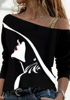 Women Spring Black Sexy Slash Neck Long Sleeve Character Print T-Shirt
