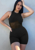 Women Summer Black Sexy Sleeveless bodysuit Mesh Skinny Two Piece Shorts Set