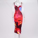 Women Summer Printed Sexy Strap Tie Dye Long Dress