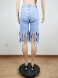 Women Summer Blue Fringed Ripped Jeans Shorts