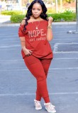 Women Summer Red Casual Slash Neck Short Sleeves Letter Print Button Top Plus Size Two Piece Pants Set