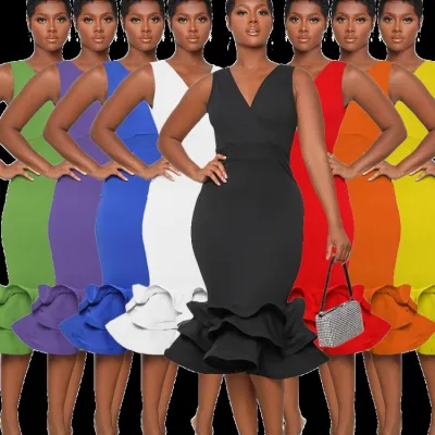 Women Summer Green Sexy V-neck Sleeveless Solid Ruffles Layered Midi Dress