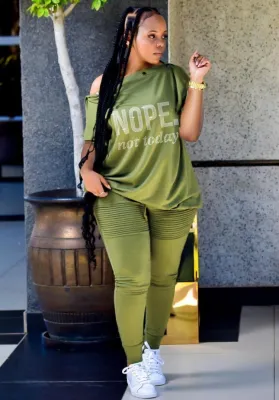 Women Summer Green Casual Slash Neck Short Sleeves Letter Print Button Top Plus Size Two Piece Pants Set