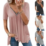 Women Summer Grey Casual V-neck Short Sleeves Solid Zippers Long T-Shirt