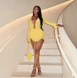 Women Summer Yellow Sexy Deep V-Neck Long Sleeve Top See ThroughTwo Piece Skirt Set