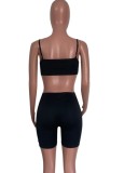 Women Summer Black Sexy Crop Top Solid Skinny Two Piece Shorts Set