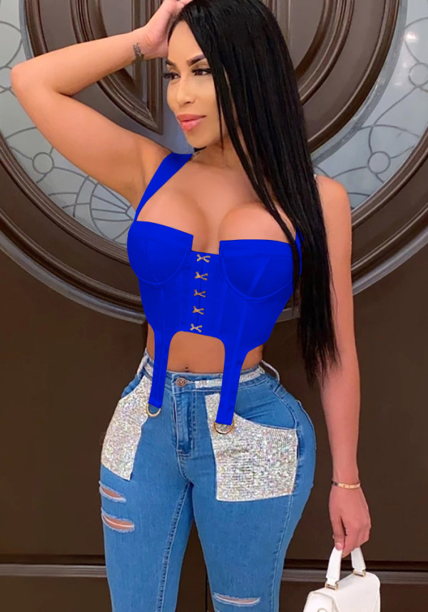 Women Summer Blue Solid Lace Up Crop Tops