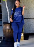 Women Summer Blue Casual Slash Neck Short Sleeves Letter Print Button Top Plus Size Two Piece Pants Set