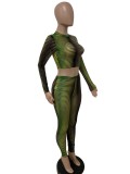 Women Spring Green Casual O-Neck Long Sleeve Crop Top Striped Print Two Piece Pants Set