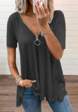 Women Summer Black Casual V-neck Short Sleeves Solid Zippers Long T-Shirt