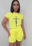 Women Summer Yellow Casual O-Neck Short Sleeves Letter Print Top Two Piece Shorts Set