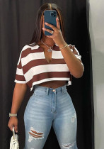 Women Summer Stripes Casual Short Sleeves Crop Top