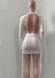 Women Summer White Sexy Deep V-Neck Long Sleeve Top See ThroughTwo Piece Skirt Set