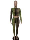Women Spring Green Casual O-Neck Long Sleeve Crop Top Striped Print Two Piece Pants Set