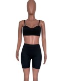 Women Summer Black Sexy Crop Top Solid Skinny Two Piece Shorts Set