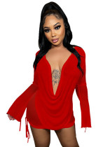 Women Summer Red Sexy Deep V-Neck Long Sleeve Top See ThroughTwo Piece Skirt Set