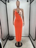Women Summer Orange Sexy Color Blocking Hollow Out Maxi Dress