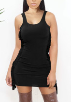Women Summer Black Casual O-Neck Sleeveless Solid Fringed Mini Tank Dress