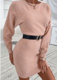 Women Spring Pink Sweet O-Neck Bat Sleeves Solid Mini Sweater Dresses