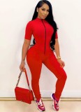 Women Summer Red Sexy Turtleneck Short Sleeves Solid Zippers Skinny Jumpsuit