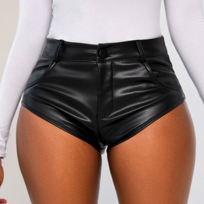 Women Spring Black High Waist Solid Skinny Leather Shorts