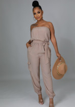 Women Summer Pink Casual Strapless Solid Belted Loose Jumpsuit