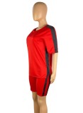 Women Summer Red Casual O-Neck Short Sleeves High Waist Color Blocking Two Piece Shorts Set