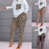 Women Spring Printed Casual O-Neck Full Sleeves Geometric Print Two Piece Pants Set