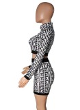 Women Spring Printed Casual O-Neck Full Sleeves High Waist Geometric Print Skinny Two Piece Shorts Set
