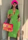 Women Summer Green Casual Turn-down Collar Short Sleeves Solid Ribbed Asymmetrical Shirt Dress