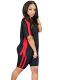 Women Summer Black Casual O-Neck Short Sleeves High Waist Color Blocking Two Piece Shorts Set