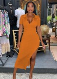 Women Summer Orange Casual Turn-down Collar Short Sleeves Solid Ribbed Asymmetrical Shirt Dress