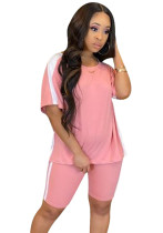 Women Summer Pink Casual O-Neck Short Sleeves High Waist Color Blocking Two Piece Shorts Set