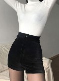 Women Spring Black High Waist Solid Skinny Corduroy Shorts
