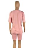 Women Summer Pink Casual O-Neck Short Sleeves High Waist Color Blocking Two Piece Shorts Set