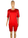 Women Summer Red Casual O-Neck Short Sleeves High Waist Color Blocking Two Piece Shorts Set