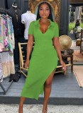 Women Summer Green Casual Turn-down Collar Short Sleeves Solid Ribbed Asymmetrical Shirt Dress