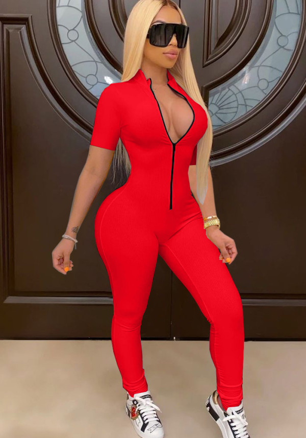 Women Summer Red Sexy Turtleneck Short Sleeves Solid Zippers Skinny Jumpsuit
