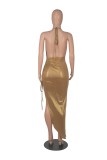 Women Summer Gold Sexy Halter Sleeveless Solid Metallic Pleated Asymmetrical Club Dress