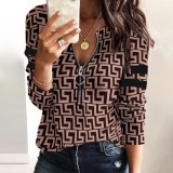 Women Spring Printed Modest O-Neck Full Sleeves Zippers Regular Shirt