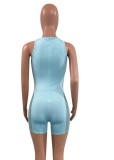Women Summer Blue Sexy O-Neck Sleeveless Dot Print Hollow Out Skinny Rompers