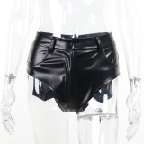 Women Spring Black High Waist Solid Skinny Leather Shorts