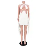 Women Summer White Sexy Halter Sleeveless Solid Hollow Out Mini Club Dress