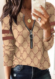 Women Spring Printed Modest O-Neck Full Sleeves Zippers Regular Shirt
