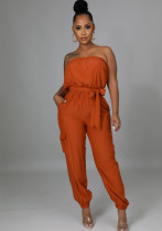 Women Summer Orange Casual Strapless Solid Belted Loose Jumpsuit