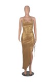 Women Summer Gold Sexy Halter Sleeveless Solid Metallic Pleated Asymmetrical Club Dress