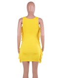 Women Summer Yellow Casual O-Neck Sleeveless Solid Fringed Mini Tank Dress